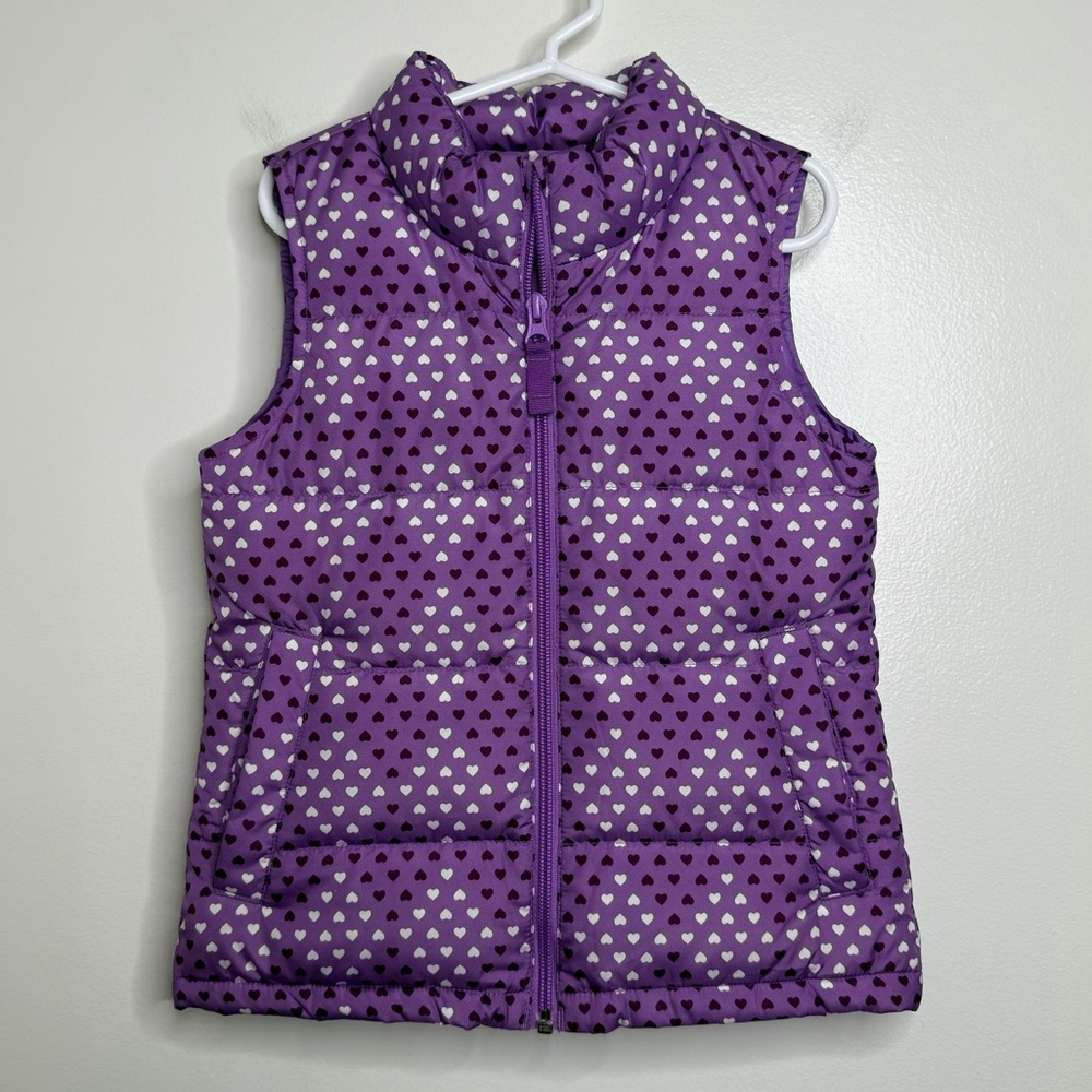 Lands’ End Children’s Zip Up Puffer Vest size 4 Purple White Hearts